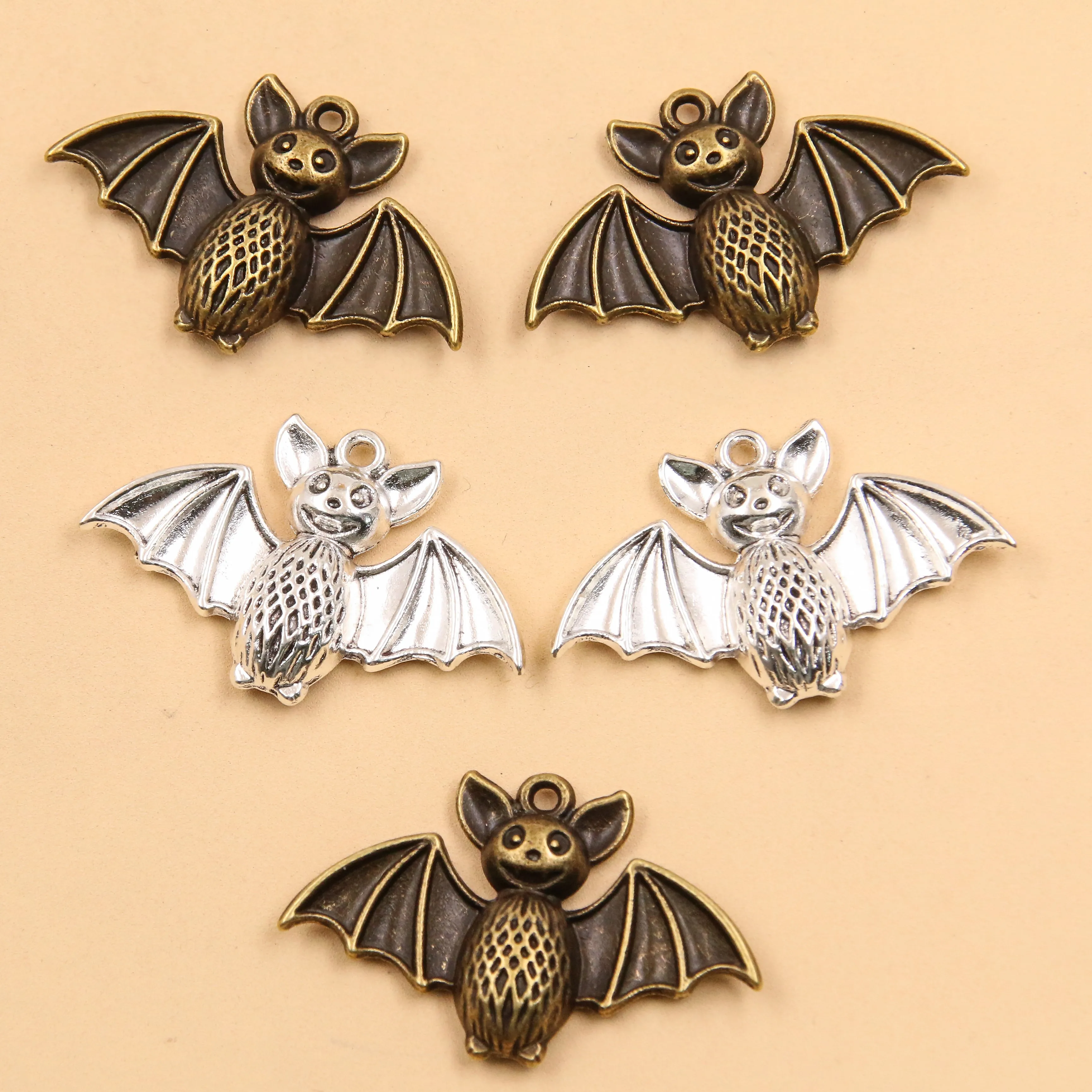 6PCS 25*39mm Metal Alloy Two Color Chubby Bat Charms Halloween Animal Pendant For Jewelry Making DIY Handmade Craft