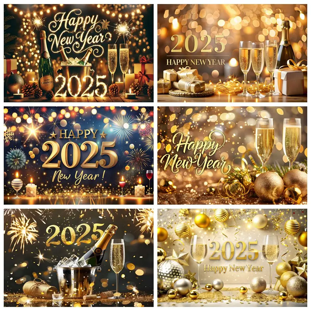 2025 Happy New Year Backdrop Glitter Spots Beer Wine Glasses Gold Bells Fireworks New Year's Eve Party Photography Background