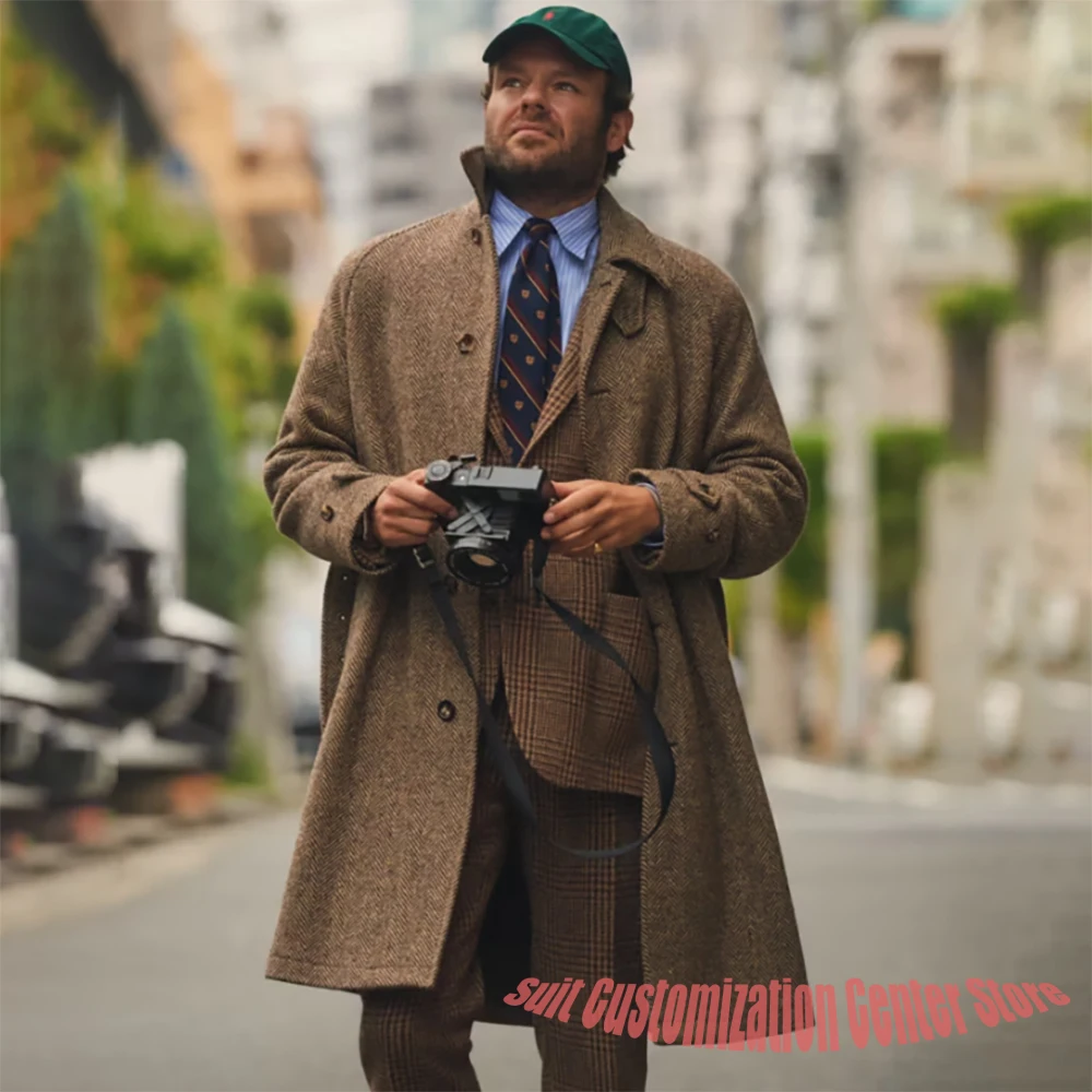 Jas Tweed Pria Model Klasik dengan Setelan Jas Kotak-kotak Single Breasted 3 Potong (Jas+Blazer+Celana) Set Vintage Musim Dingin Hangat untuk Sehari-hari Gaya Jalanan