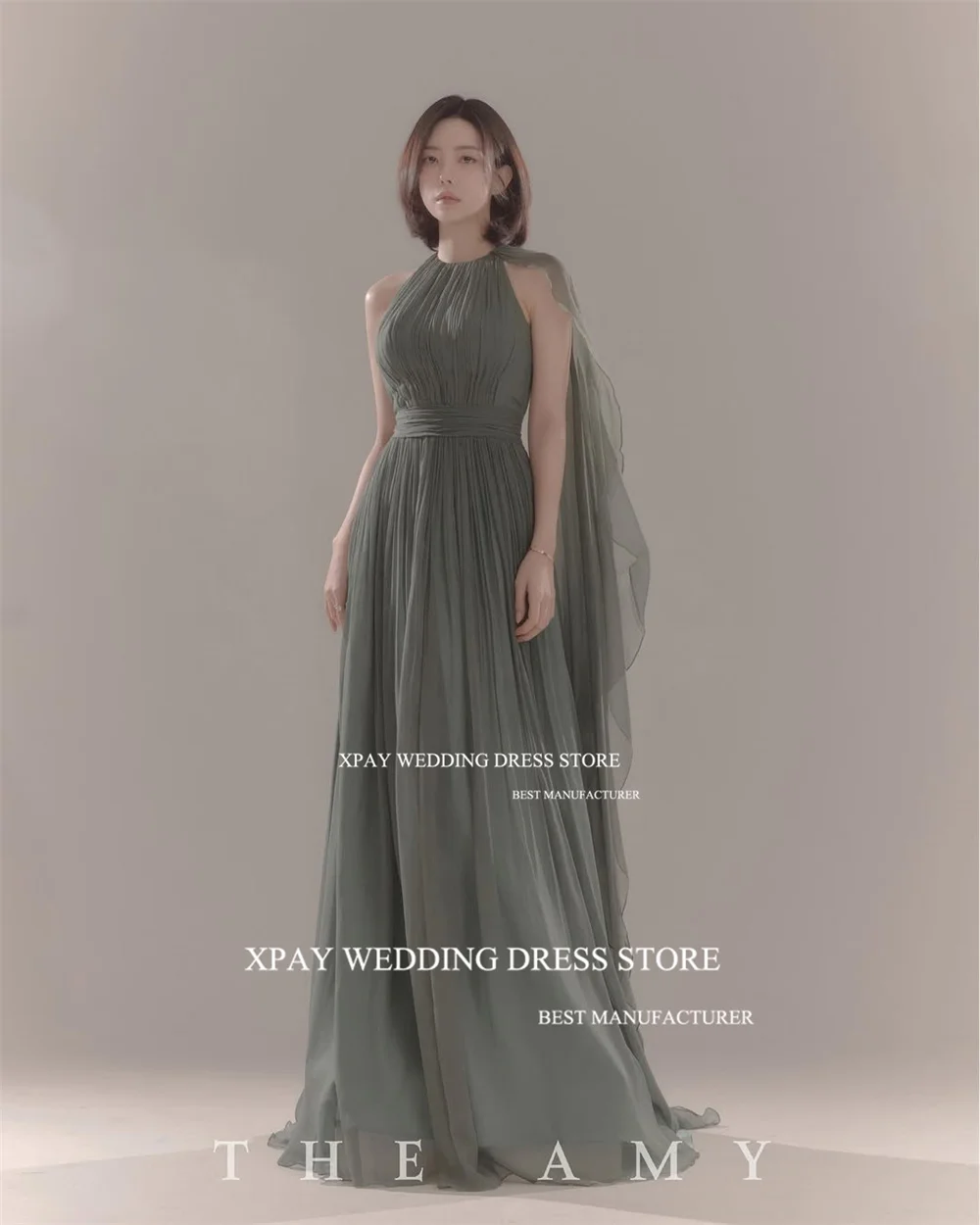 XPAY Vintage O Neck Green Korea Evening Dresses Photos shoot Sleveless Draped Chiffon Party Dress Customized Formal Prom Dress