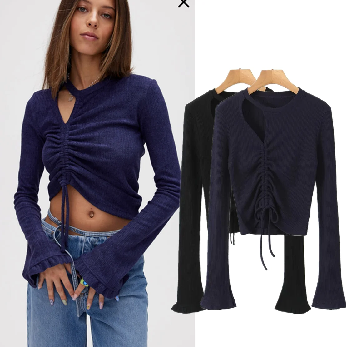 

Withered High Street Hollow out Knitwear Fashion Girl Sexy Long Sleeve T-shirt Female Retro Tops