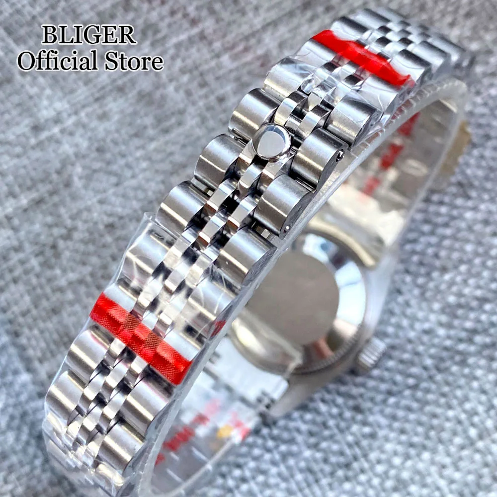 BLIGER 26mm  NH05A Automatic Ladies Watch Sapphire Glass Silver Gold Fluted Bezel Black Dial Diamond Index Steel Bracelet