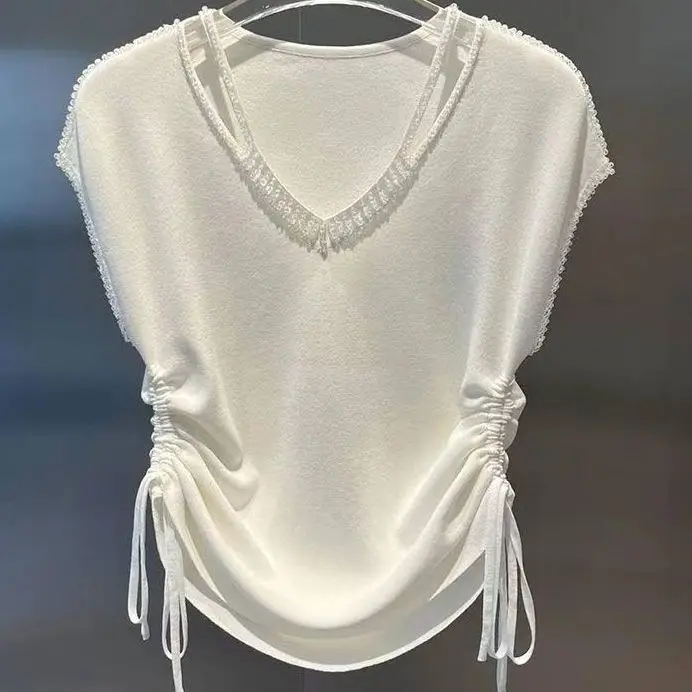 

Bead Splicing Hollow Design V-neck Short-sleeved T-shirt Drawstring Slim Fit Ice Silk Top Temperament Sweater Women Aesthetic