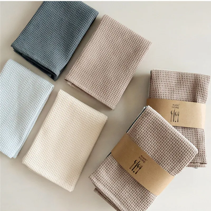 35x35cm Square Solid Color Waffle Dishcloth Kitchen Tear Towel Cotton Thickened Cleaning Cloth