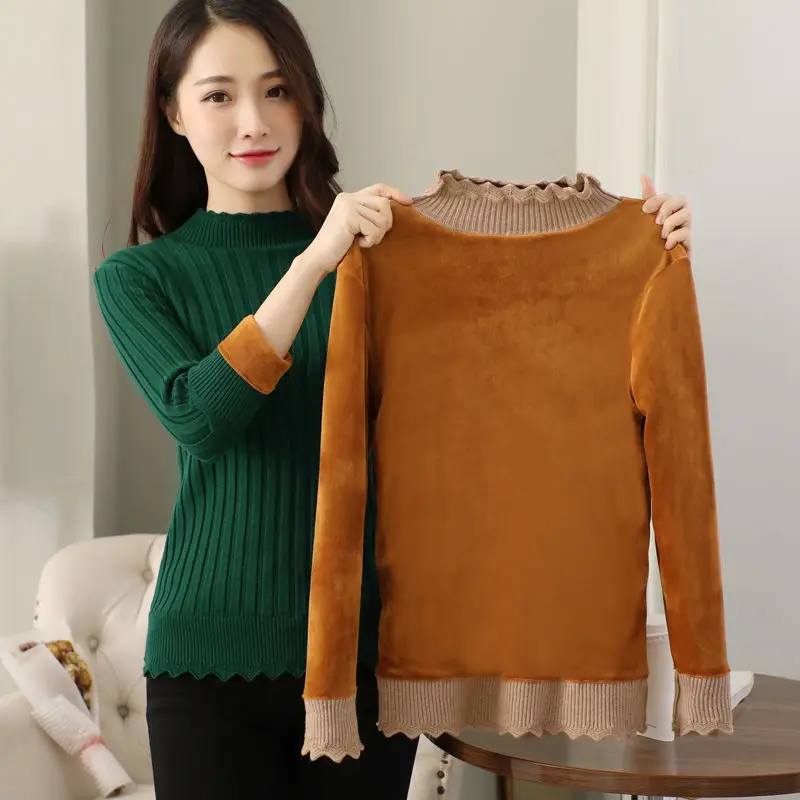 Autumn and Winter Padded Sweater Women Thickened Pullover Half High Neck Slim Knit Sweater Bottoming Shirt Warm Tops