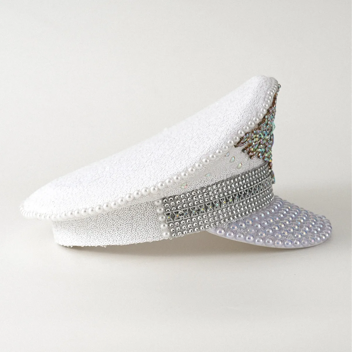 신부 파티 모자, 화이트 라인스톤, 진주 챙이 상감 원석, 여성 럭셔리 무대 모자