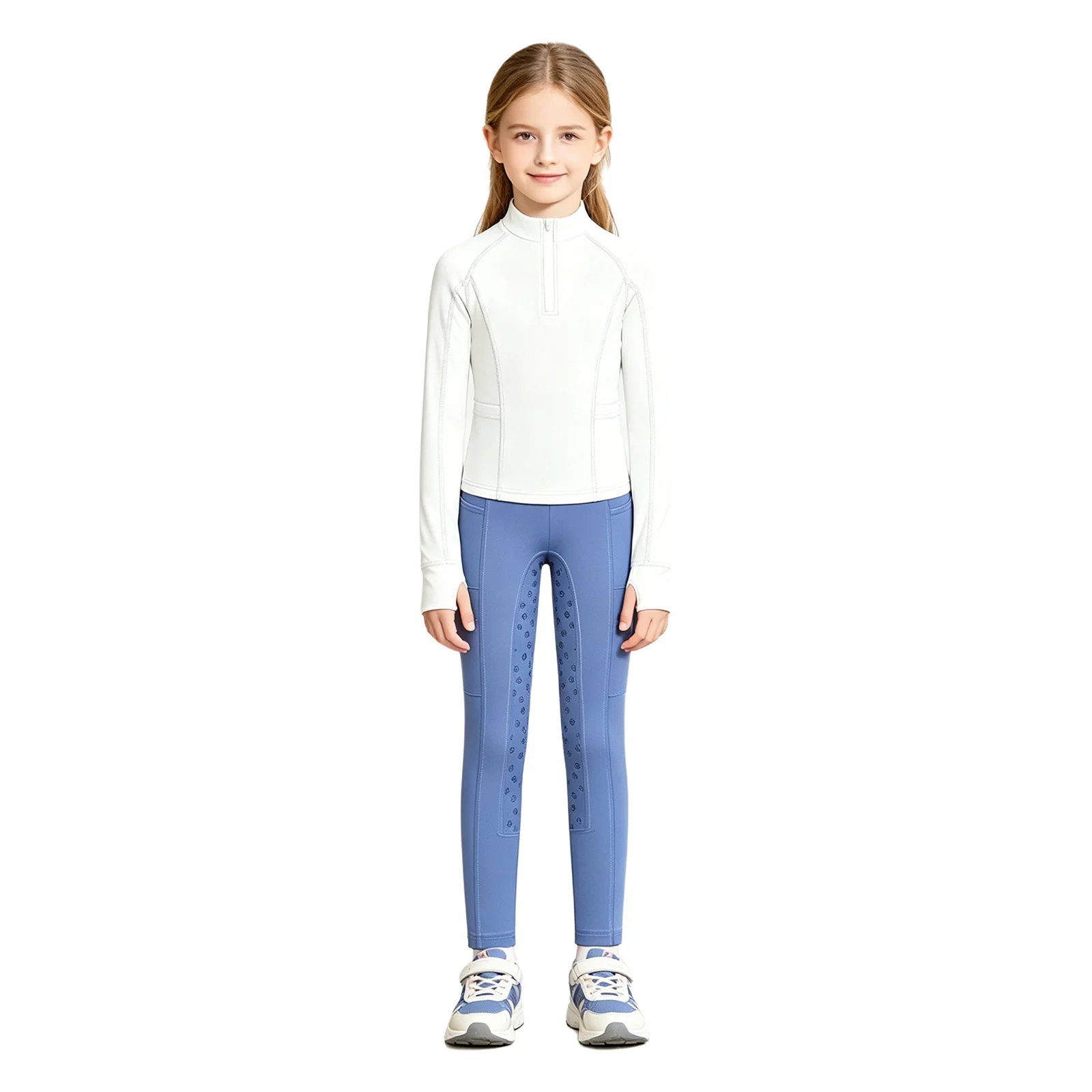 

Kids Girls Horse Riding Outfit Stand Collar Long Sleeves Thumb Holes Sweatshirt with Anti-slip Seat Equestrian Breeches Pants
