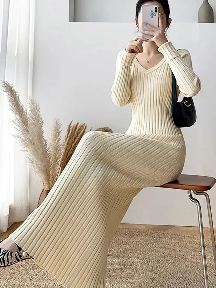 Spring Soft Knitwear Dress V-neck Slim Long Knitted Vestidos Solid Color Woman Knit Dresses Korean Elegant New Sweater Pullover