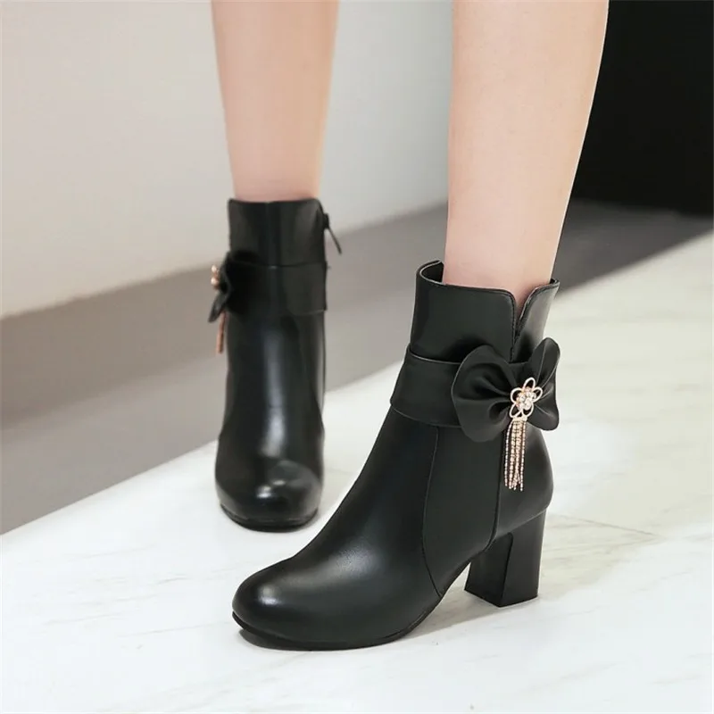 Autumn Winter Women Boots Sweet Bow Women Comfort Ankle Boots High Heel Shoes Girls Princess Black White Pink Party Shoes 32-43