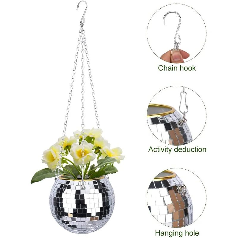 Hanging Mirror Spherical Plastic Flower Pot Gardening Hanging Basket Disco Ball Flower Pot For Indoor Plants Garden Decor Vase