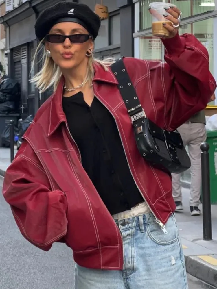 Leather Jackets Women Vintage Fashion Aviator Coat Female Autumn Winter Motorcycle Outerwear Ladies High Street Lapel PU Jacket