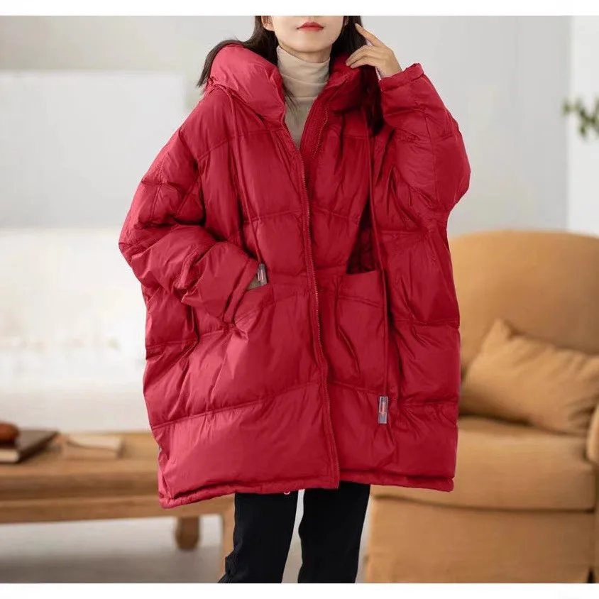 2025 New Winter Women 90% White Duck Down Jacket Casual Loose Over Size Warm Parka Female Drawstring Hooded Puffer Coat