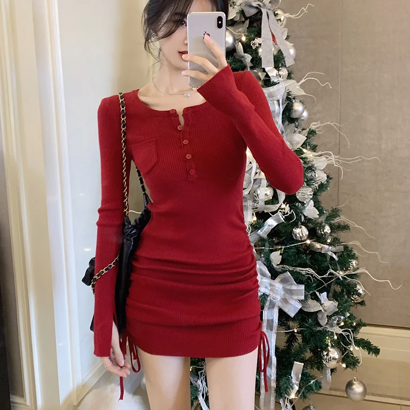 Blue Sexy Daring Short Woman Dress U Neck Crochet Dresses for Women Clothes Extreme Mini Bodycon Knitted A Line Korean Fashion