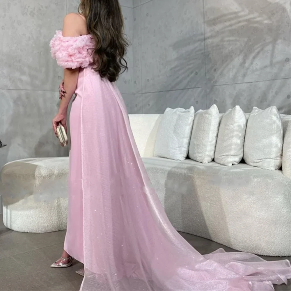 Luxury Pink Shiny Women Formal Evening Dress Flowers Off Shoulder Floor Length Sleeveless Trumpet فساتين سهرة Robes De Soirée