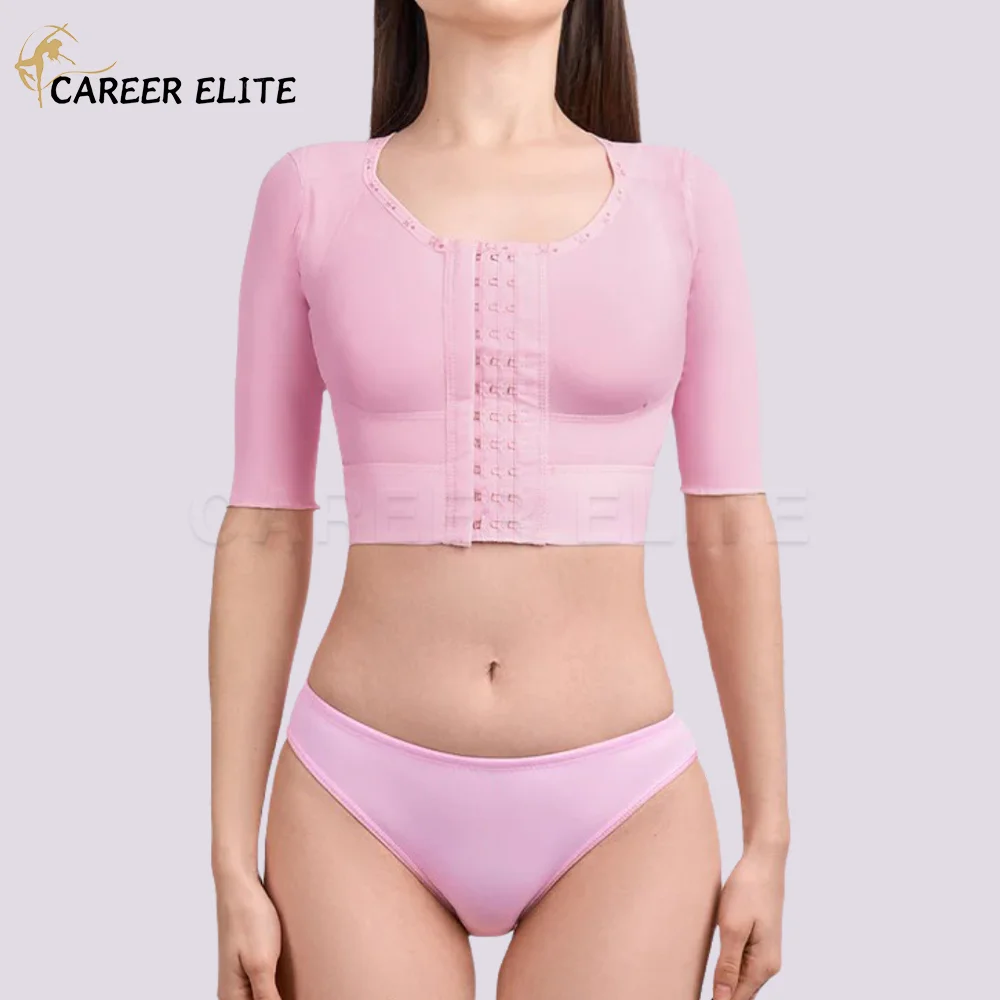 

Женский формирователь тела, формирователь верхней части руки, топы, компрессионный бюстгальтер с застежкой спереди, поддержка груди, рукава семь четвертей, нижнее белье пуш-ап