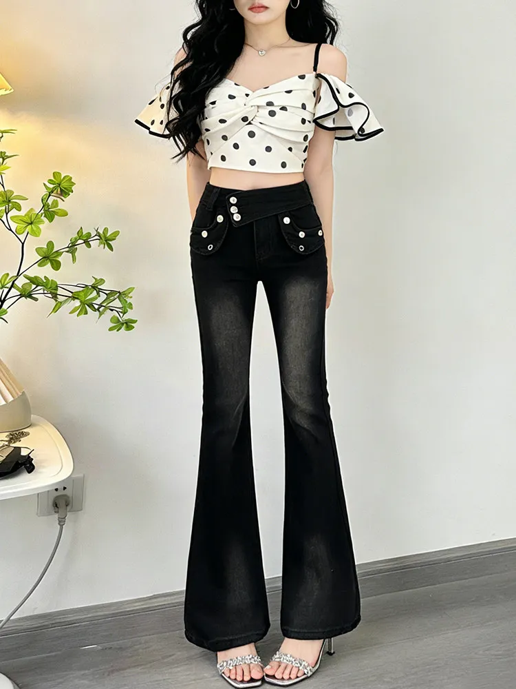 กางเกงยีนส์ทรงขาบานสีดำสำหรับผู้หญิง ฤดูใบไม้ร่วงและฤดูหนาว ปี 2025 ผ้าฟลีซหนา เอวสูง ดีไซน์หัวเข็มขัด