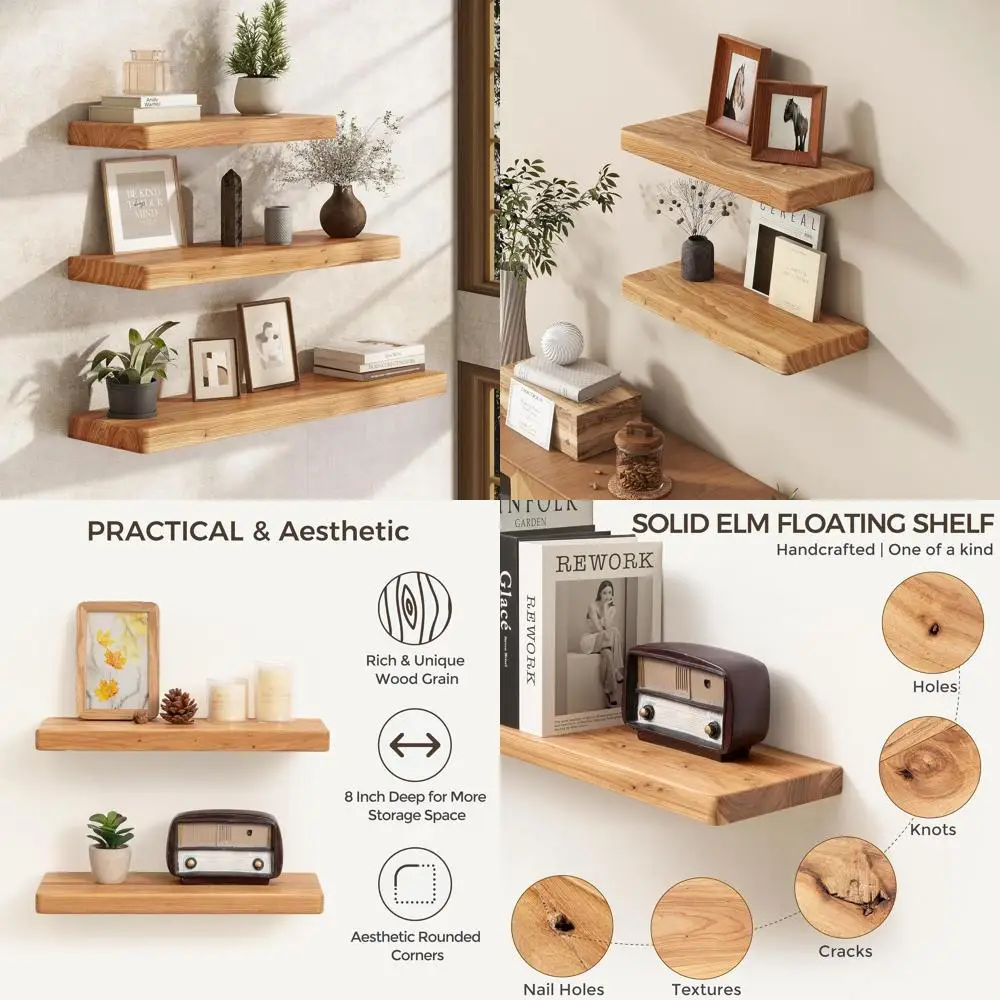 

Rustic Elm Wood Floating Shelves Set of 2 for Bathroom, Bedroom, Kitchen, and Living Room