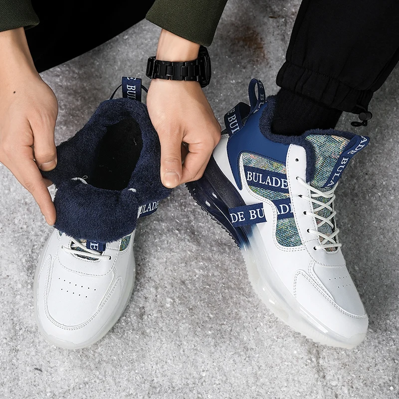 Men Warm Fleece Lined High Top Sneakers Lace Patchwork Cushion Sole Lightweight Fashion Autumn Winter Outdoor Casual Ankle Shoes