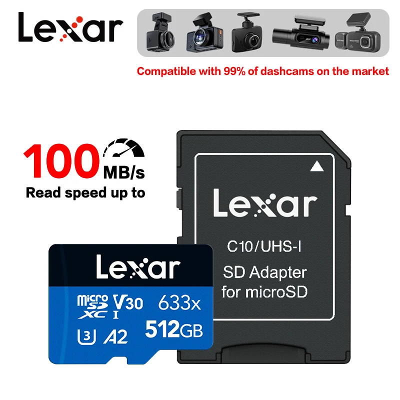 بطاقة ذاكرة Lexar 633x Micro SD 32GB 64GB 128GB بطاقة ذاكرة 512GB 256GB حتى 100 ميجابايت/ثانية قراءة A2/A1 microSDHC/microSDXC TF بطاقة للهاتف