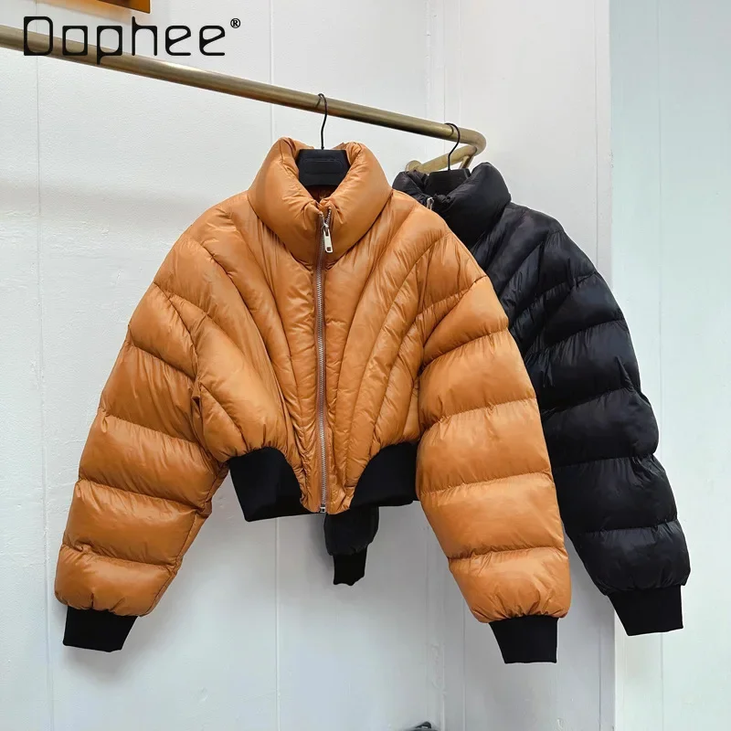 

2024 Winter High Waist Parkas Coats Women Stand Collar Long Sleeve Zipper Cropped Jacket Casual Street Fashion Warm Clothes