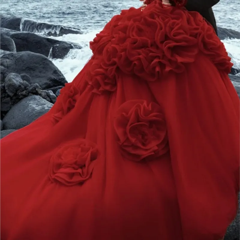 New sweet red satin strapless floral train dress for location photography