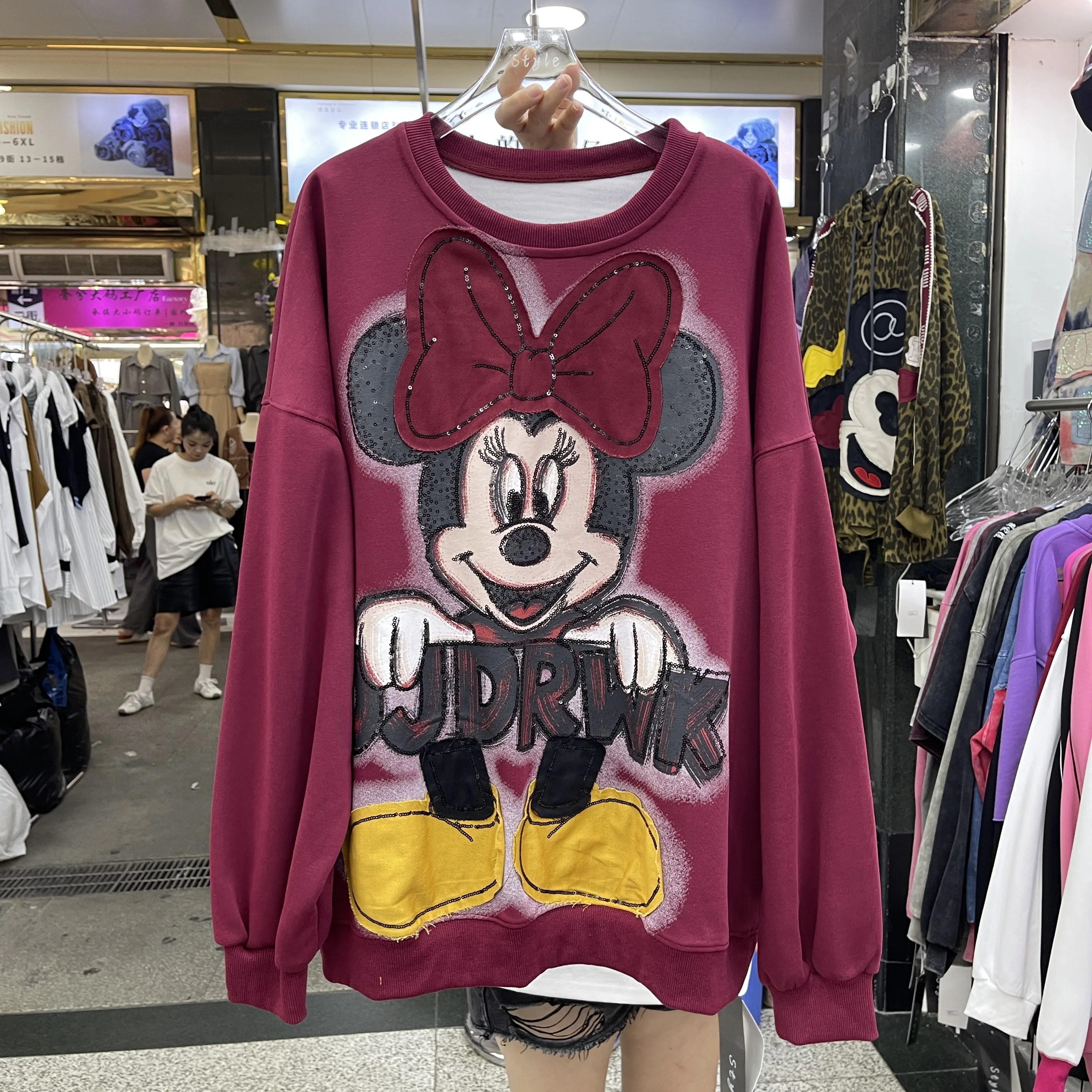 Autumn New Heavy Sequin Print Cartoon Round Neck Pullover Sweatshirt for Women Loose Fashion Long Sleeve Top Oversized Hoodie