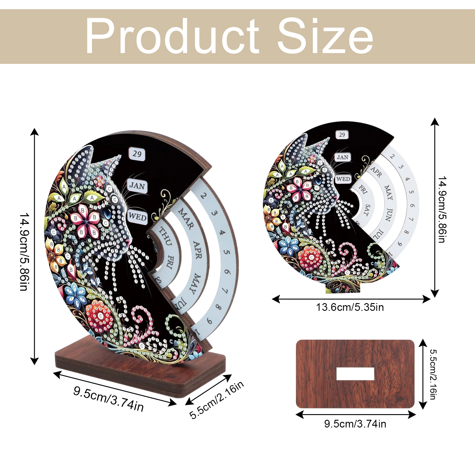 Diamond Painting wooden Rotating Calendar Kit,cute Cat Diamond Art Rotating Day Month Week and Reusable Calendars for Decor Gift