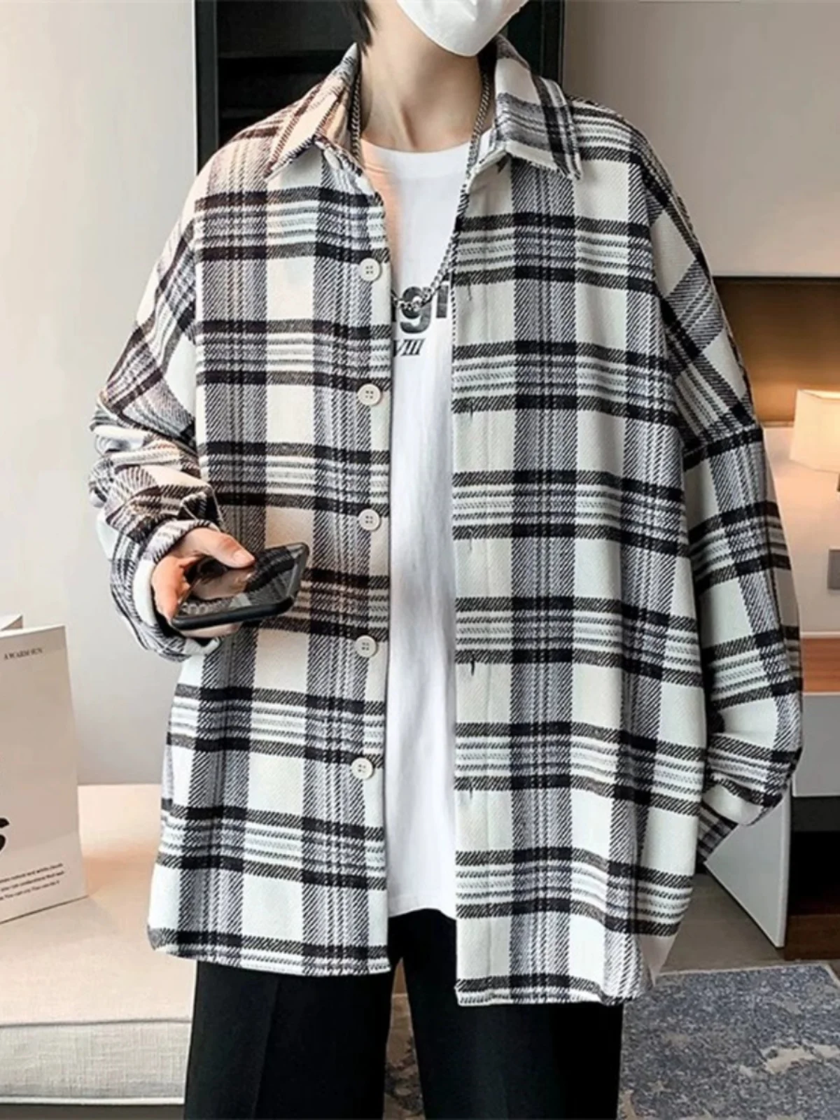 

Винтажная клетчатая мужская одежда Long Sve irt Street Sle, модная верхняя одежда свободного покроя, молодежный весенний дизайн с воротником Faion