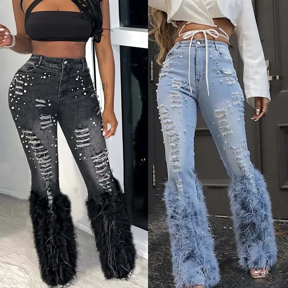 

Denim Pearl Skinny Pants Y2K Streetwear 2024 Women Fall Winter Fashion Clothes Pencil Furry Pant Sexy Elegant Jean Trouser