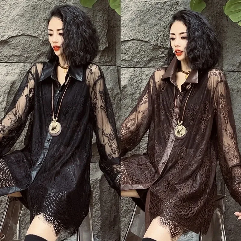 Mid-Long Retro Blouse Chinese Jacquard Lace Chiffon Shirt Women Spring Summer Shirts 2024 Fashion Loose Long Sleeve Tops Female