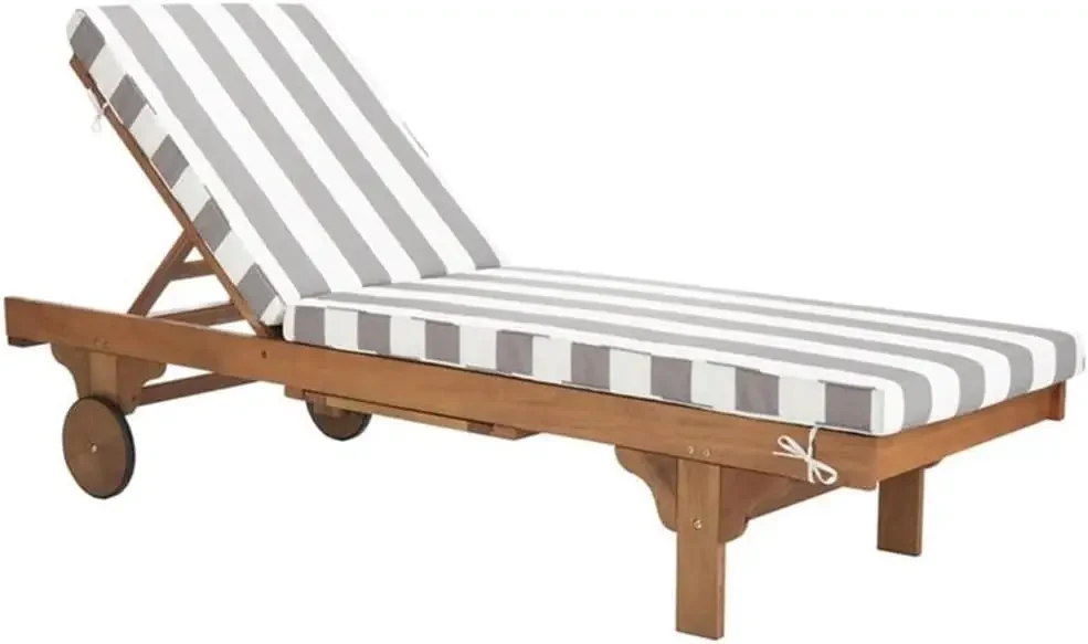 

Outdoor Collection Newport Natural/ Grey & White Stripe Cushion Built-in Side Table Adjustable Chaise Lounge Chair