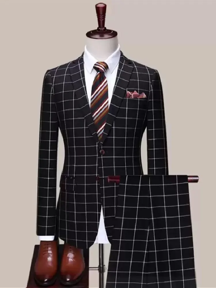 Black Plaid 2 Pieces Men Suit Blazer Jacket Pants Single Breasted New Arrival Business Work Formal Causal Daily Prom Tailored