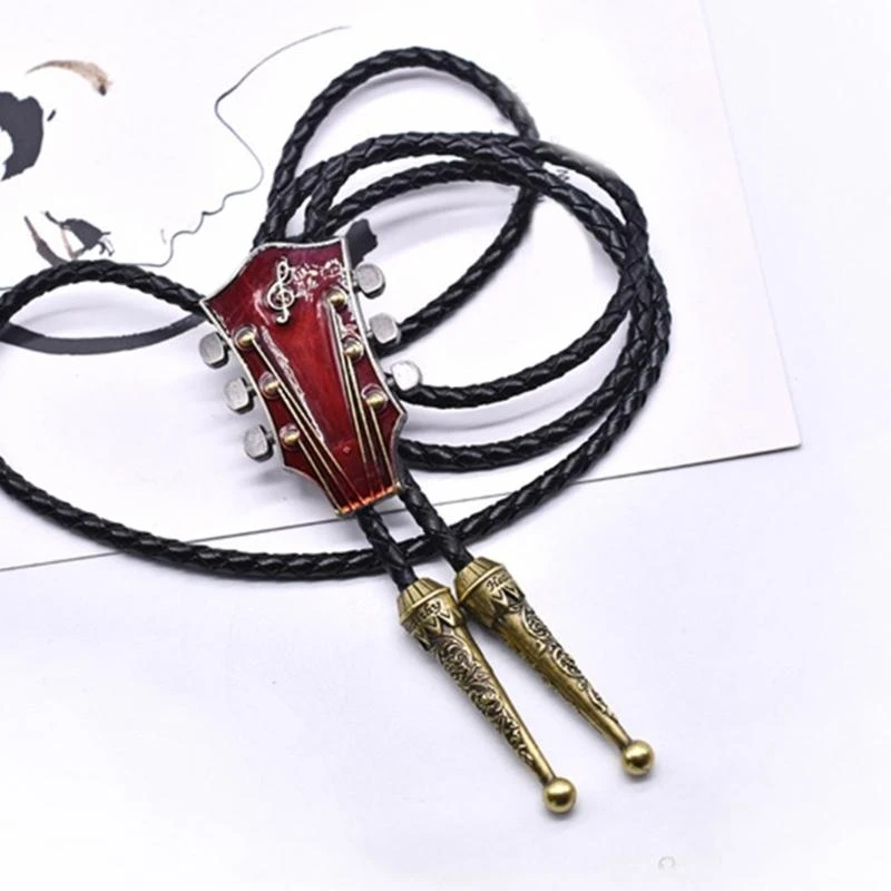 Винтажный галстук-боло ручной работы для женщин и мужчин, ковбойский кожаный галстук из веревки в стиле вестерн с эмалированной подвеской в виде гитары, ювелирное ожерелье