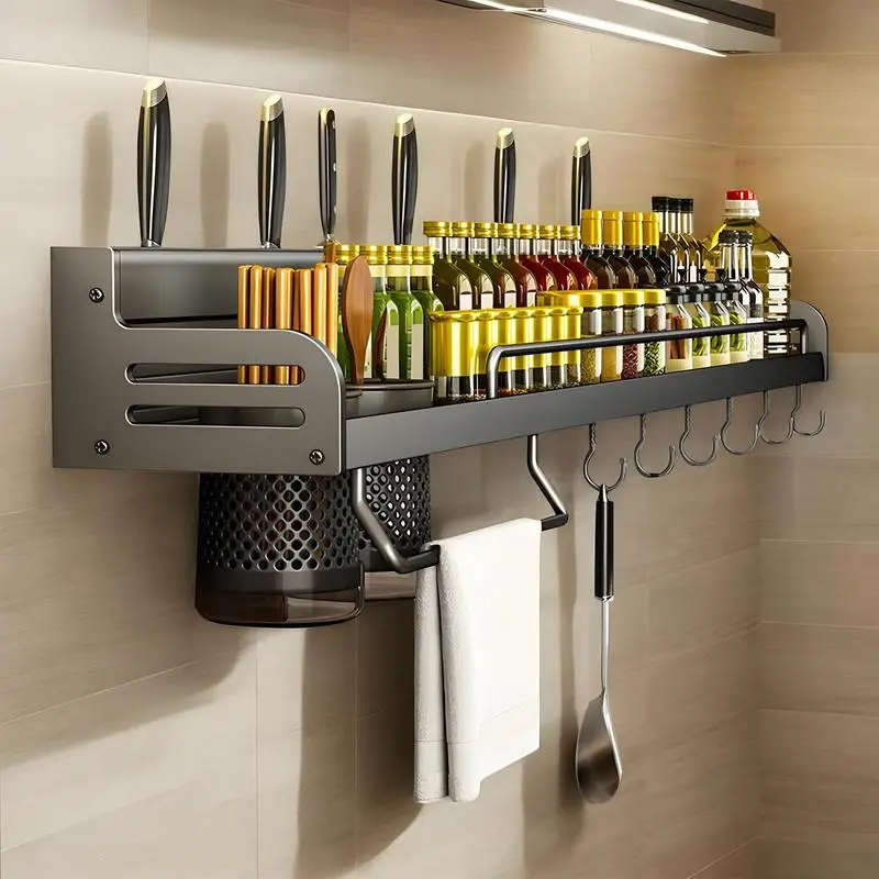 

Hanging Spice Rack, Kitchen Shelf, No Drilling, Wall Shelf Hanging for Kitchens With Hooks Seasoning Jar Storage No Drilling