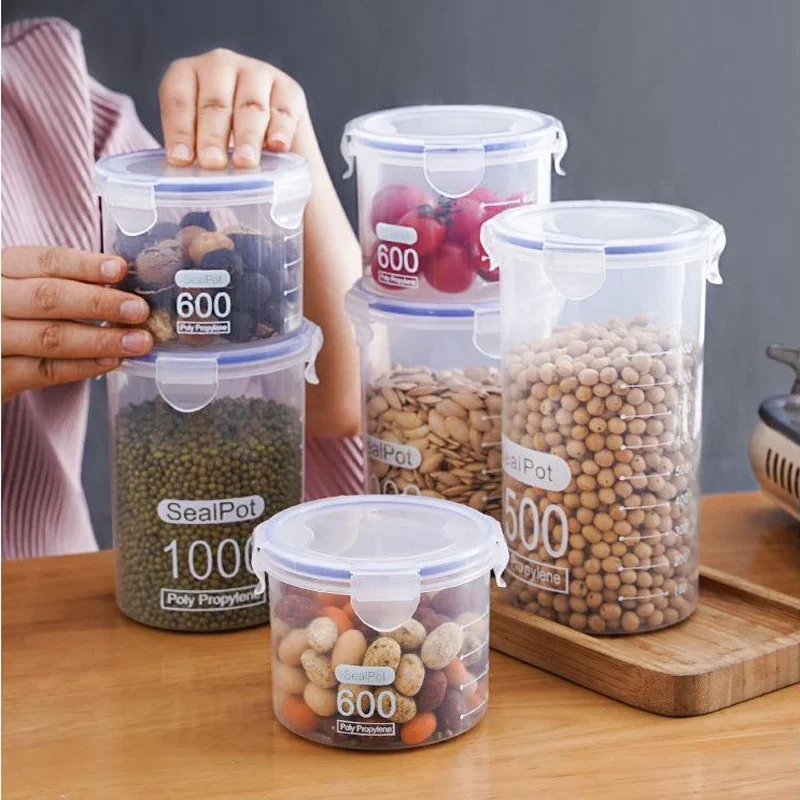 S/M/L/XL Size Transparent Plastic Sealed Food Storage Pots Kitchen Grain Candy Spice Jars Storage Containers for Kitchen