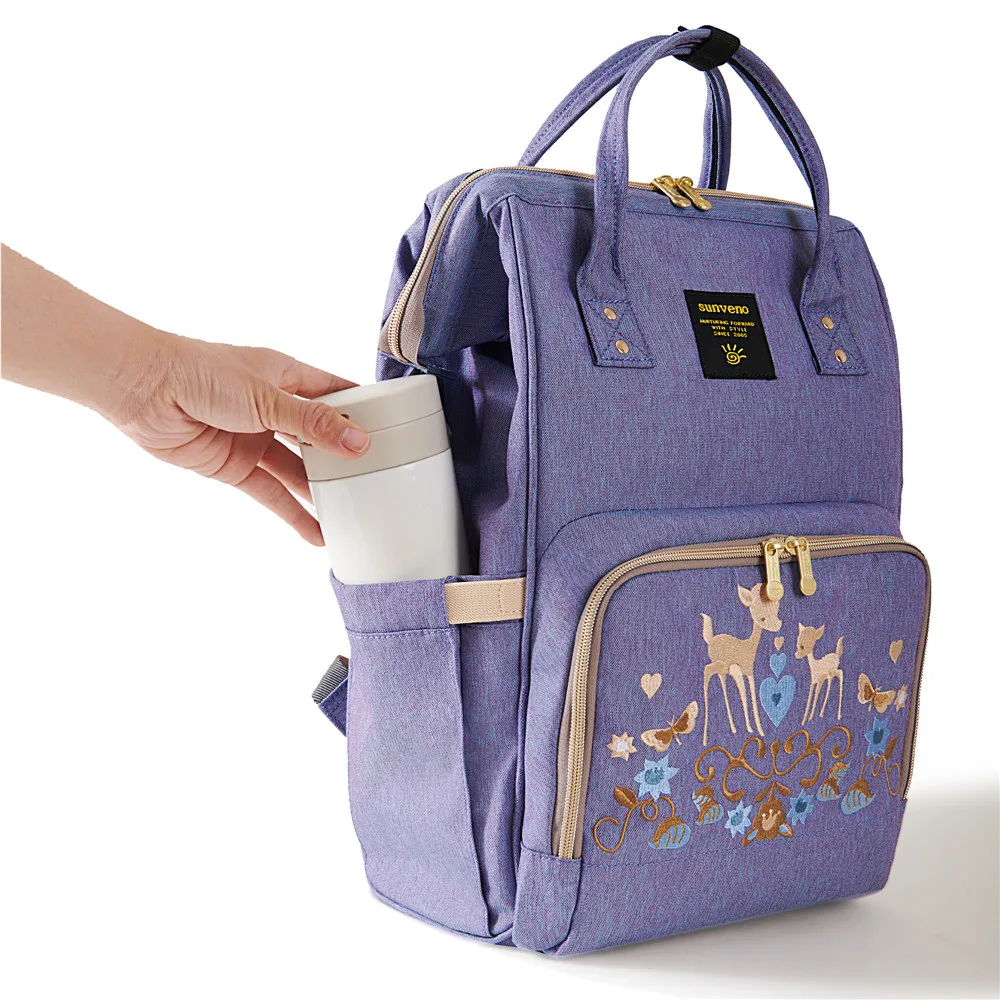 Sunveno Multifunctional Diaper Bag Purple Embroidery Mommy Bag Wide Opening Mommy Backpack Convenient Large Capacity