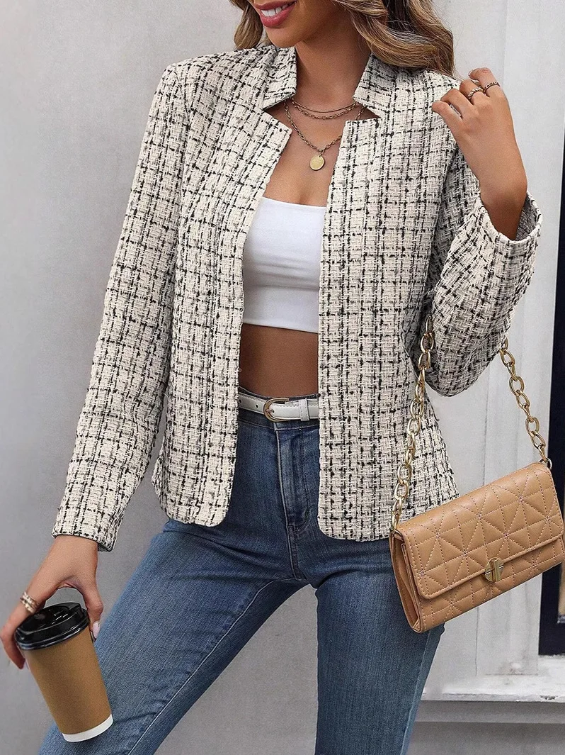 

Fall Women's Slim Fit Office Cardigan Plaid Outerwear Ele Ladylike ort Coat European Sle Polyester Fiber Ladies' Wear