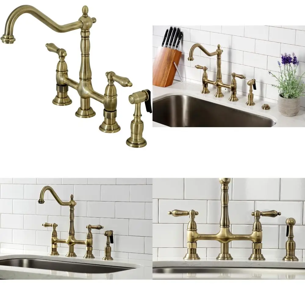 

Heritage Series 8-Inch Kitchen Bridge Faucet with Brass Sprayer in Antique Brass Finish