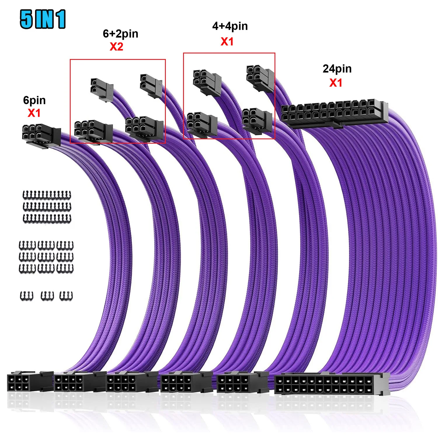 PSU Extension Cable Kit 24Pin ATX 8Pin EPS 6+2Pin PCIe 6Pin PCIe 18AWG Braided Power Supply Cable with Cable Combs for PC