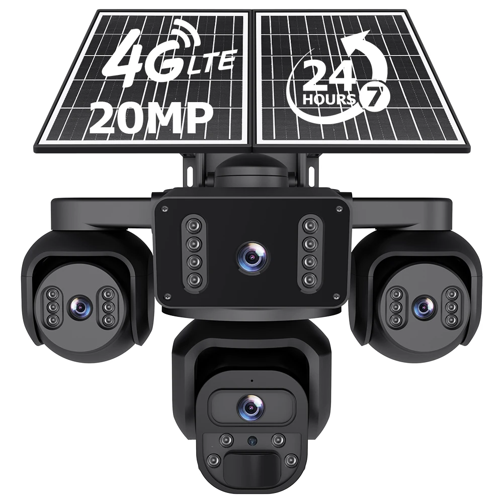 SECTEC 20MP 4 Screens AOV Solar Surveillance Cameras 4G 24/7 Recording Outdoor Auto Tracking 14W Solar Panel Battery 20100mAh