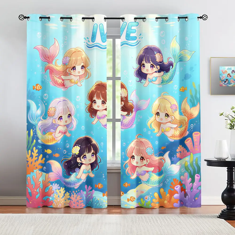 Under Sea Mermaid Girls Printed Curtains 2 Panels Light Blocking Rate 85% Darkening Decoration Curtains Ocean Bedroom Decor