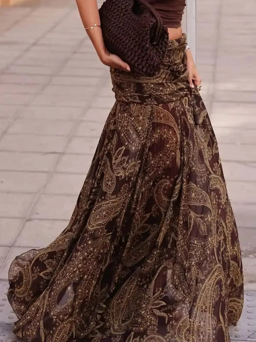 Women's High Waist A-Line Maxi Skirt Irregular Printed Big Swing Vintage Style Bottom Wear for Full Figured Ladies