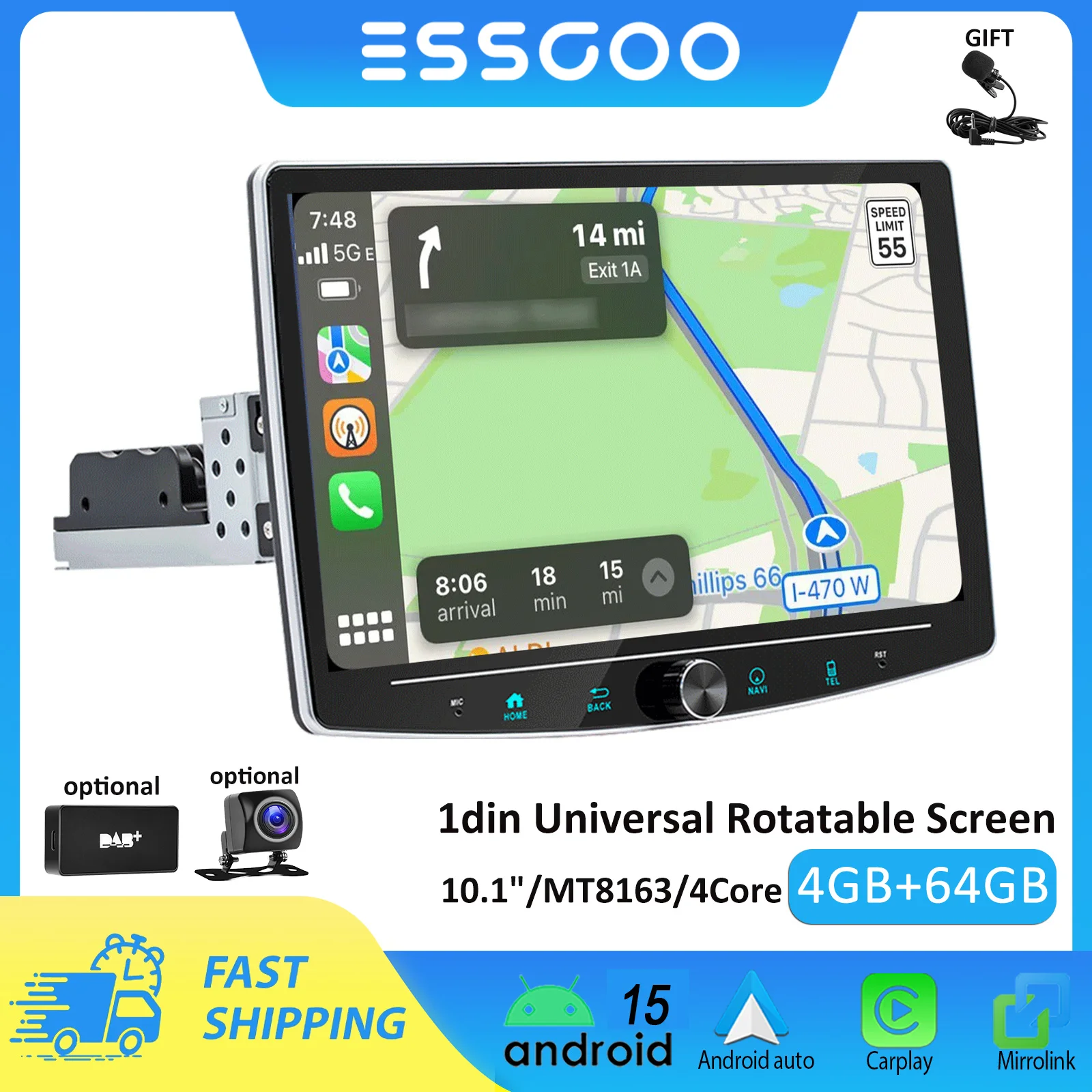 ESSGOO 10,1' Universelles Autoradio mit schwebendem Bildschirm und Drehknopf 1Din Rotierender Multimedia-Player 4GB 64GB Carplay Android Auto Autoradio GPS