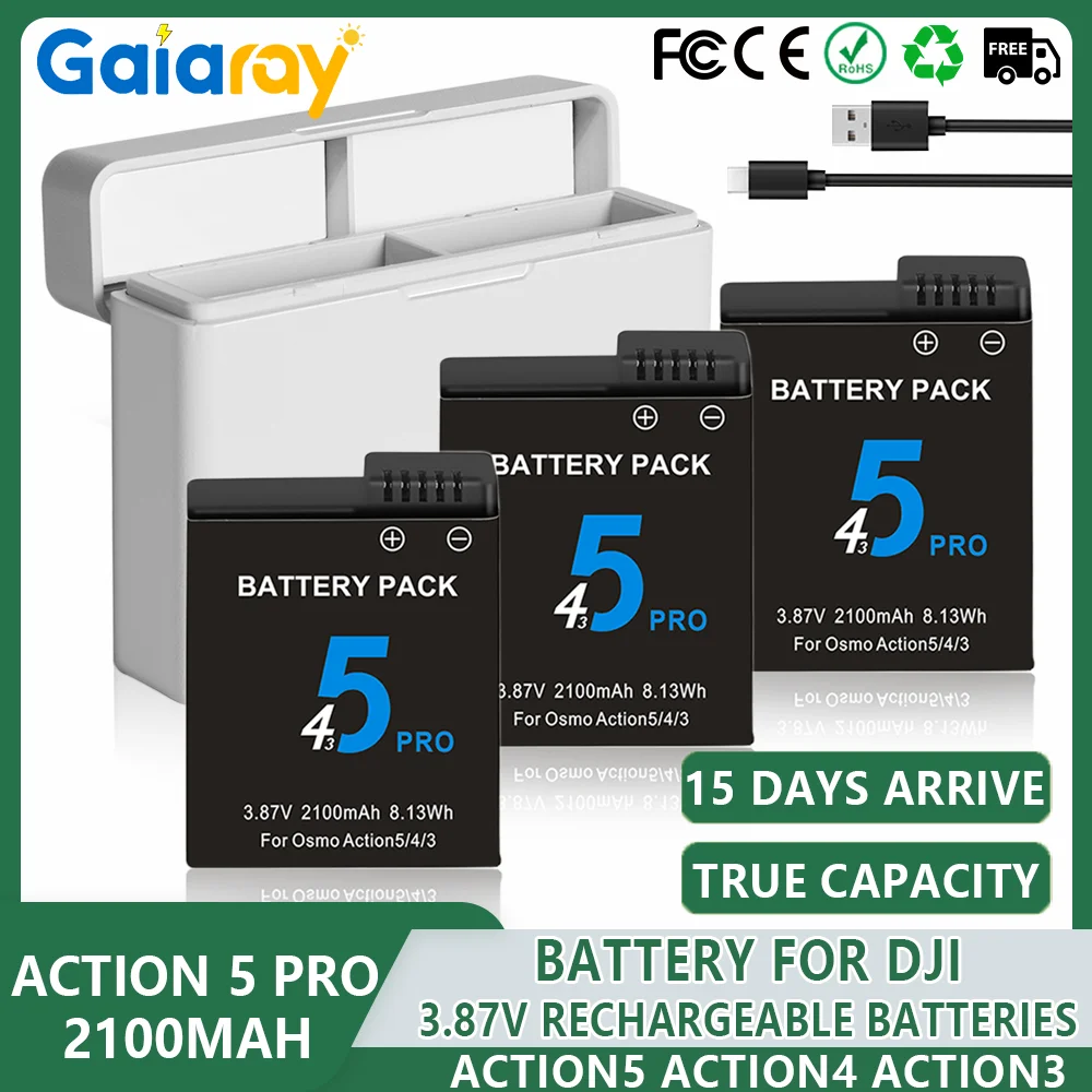 2100mAh Rechargeable Batteries for DJI Osmo Action 4 5 Pro Battery Action 3 Action 4 Camera Batteries and 2 Slots Fast Charger