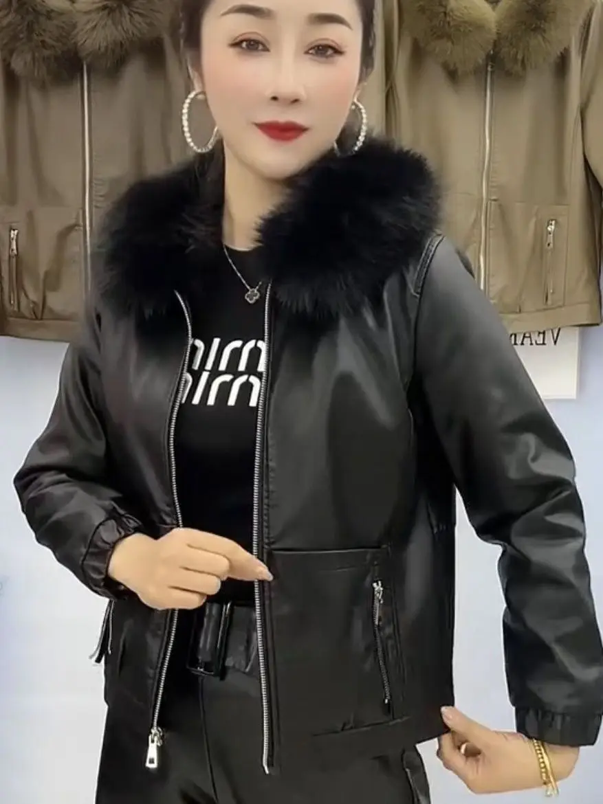 

Haining Women's Faux Fur Lined Thiened ort Leather Jaet Outerwear Sli Autumn Winter Warm Zipper Closure Long Sve...