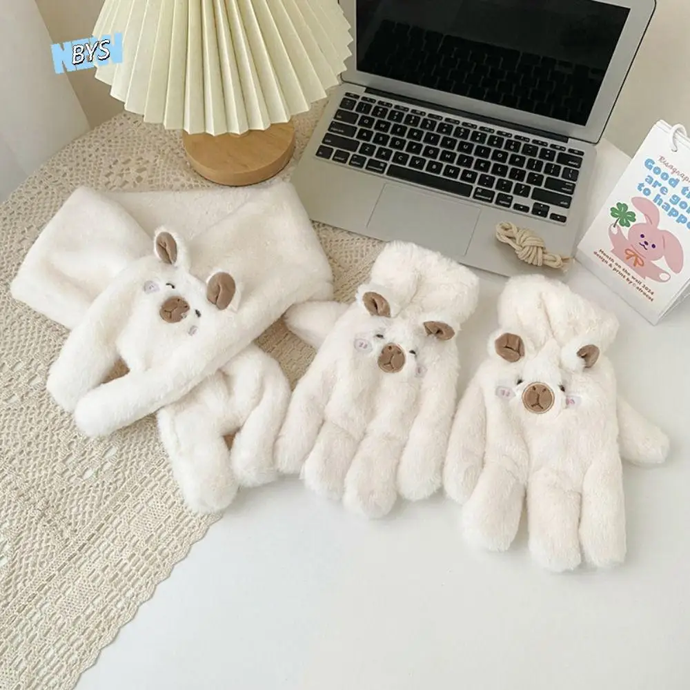 Soft Cute Capybara Scarf Gloves Set Warm Thicken Plush Capibara Flip Gloves Fur Windproof Winter Kapibara Mitten Winter