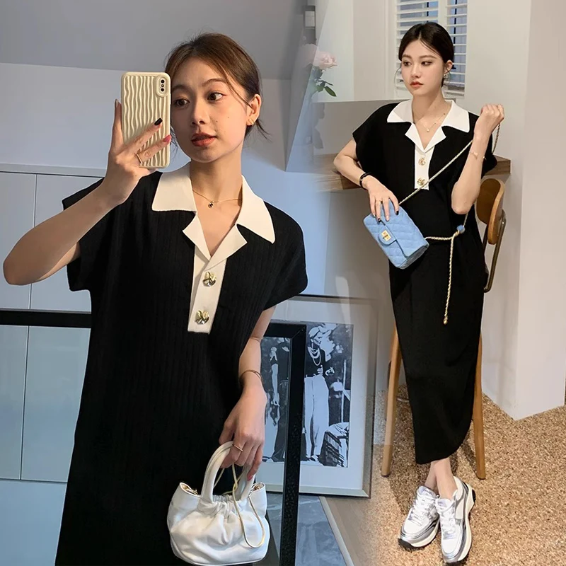 vestido-de-maternidad-corto-estilo-coreano-con-cuello-peter-pan-de-encaje-parches-en-blanco-y-negro-corte-en-a-y-plisado-para-mujeres-embarazadas