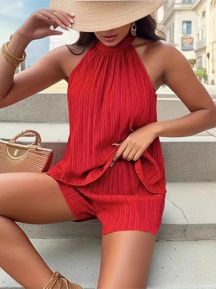 

New Sleeveless T-shirt Casual Top Fashion Shorts Two-piece Set Women's Elegant Temperament Simple Casual Solid Color Shorts Set