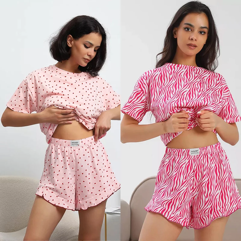 Summer Women's Pajamas Set Screw Neck Tee & Shorts Sleepwear 2 Pieces Heart Print Nightwear Elastic Drawstring Homewear Cloth