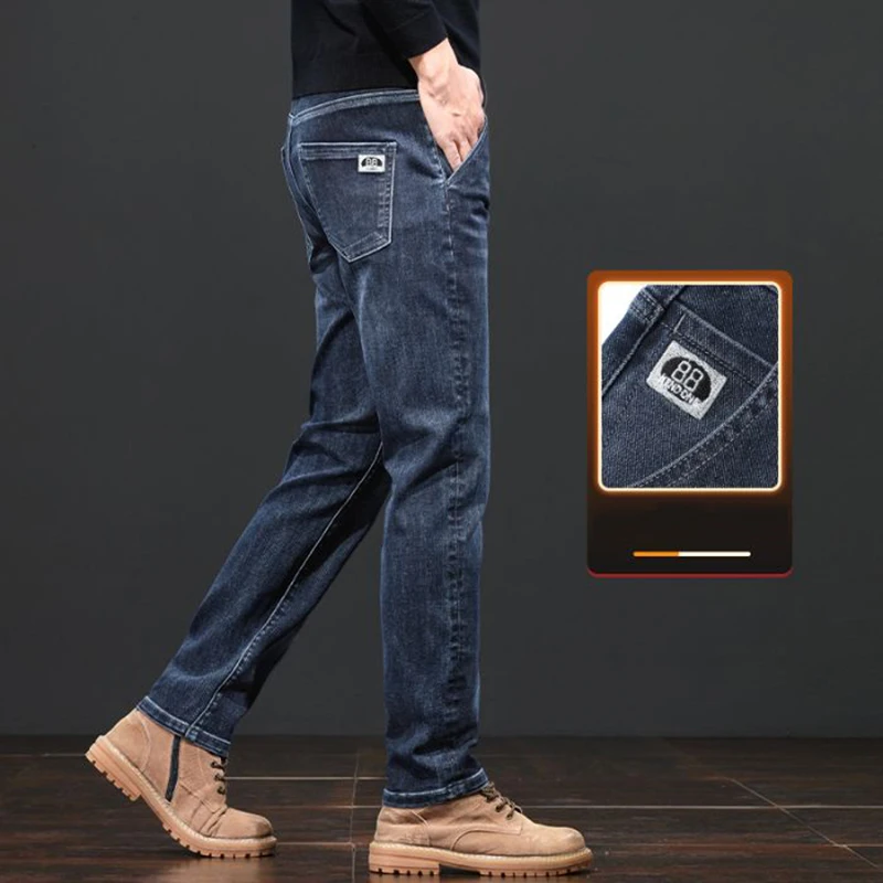 Mannen Herfst Winter Business Casual Geborduurde Jeans Mannelijke Slim Fit Stretch Denim Broek Met Rechte Pijpen Mode Haze Blauwe Broek
